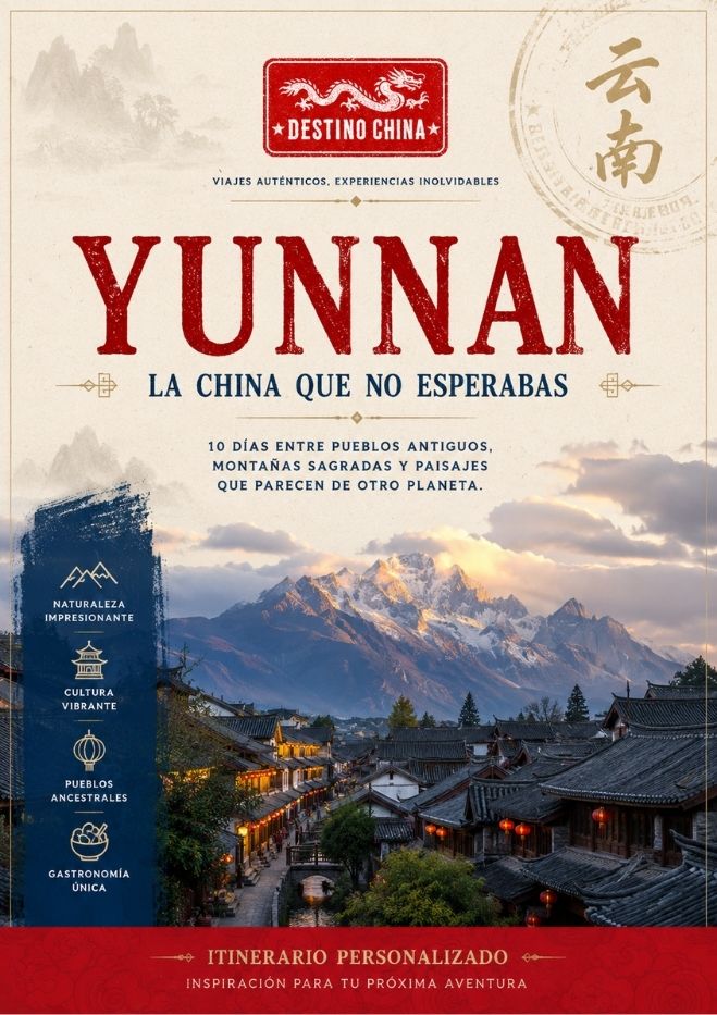 Póster promocional para un viaje a Yunnan, China, que muestra un paisaje montañoso con una ciudad antigua y destaca una experiencia de 10 días centrada en la cultura y la naturaleza.