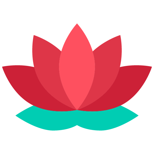 Ilustración de una flor de loto roja sobre hojas verdes.