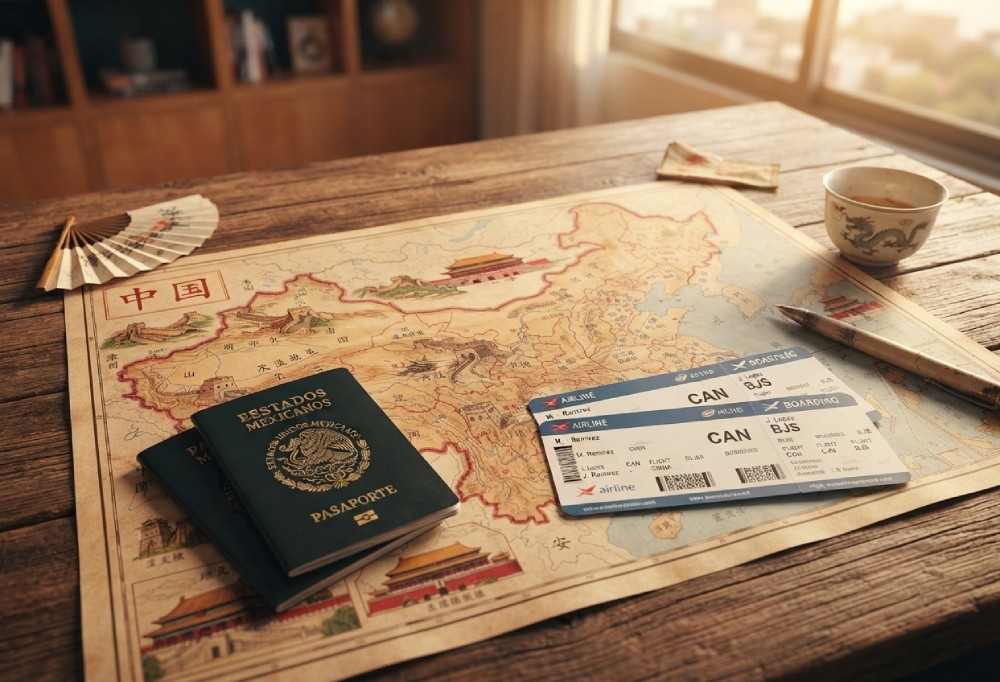 Dos pasaportes mexicanos y tarjetas de embarque para China sobre un mapa antiguo.